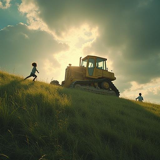 A yellow bulldozer descends a grassy hill. Children are running away. Dramatic lighting creates a silhouette effect. The scene captures a mix of playfulness and impending danger. It embodies the surreal contrast of childhood innocence against industrial machinery.