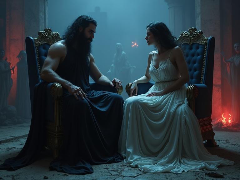 A depiction of ancient Greek mythology. Hades with a black beard sits wearing a black tunic. Persephone, beautiful and pale, sits beside him. Both sit on thrones in a gloomy kingdom surrounded by ancient Greek ghosts. The scene is lit with mystical blue and red tones, creating a romantic and eerie ambiance.