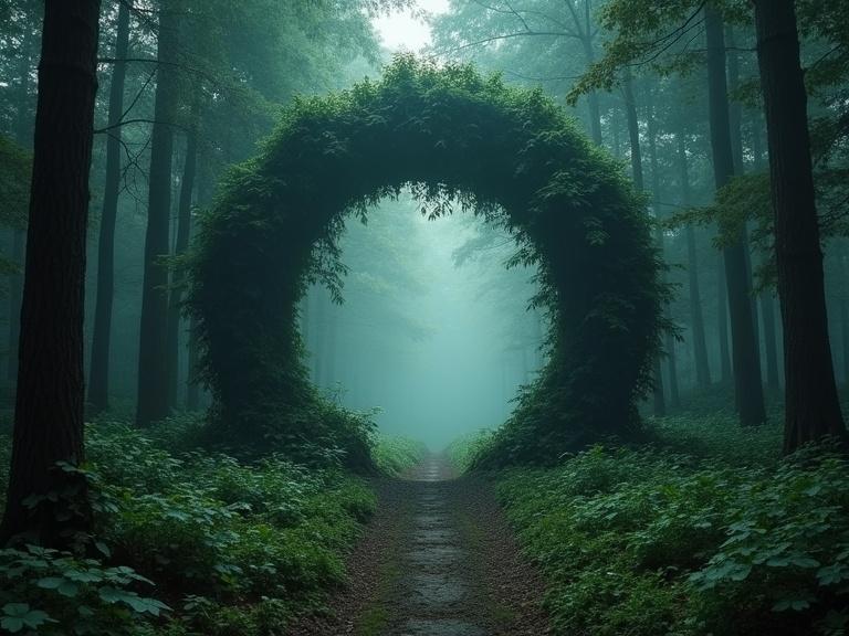 Mystical portal in a green forest. Misty atmosphere surrounds circular foliage. Pathway leads towards the portal.