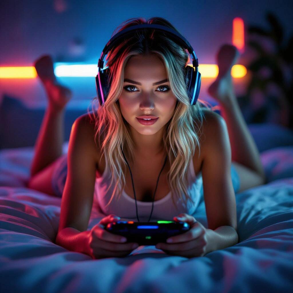 Girl with dirty-blonde hair lying on stomach in bed. Wearing headphones and shorts. Playing handheld console. Neon lighting creates a colorful atmosphere.