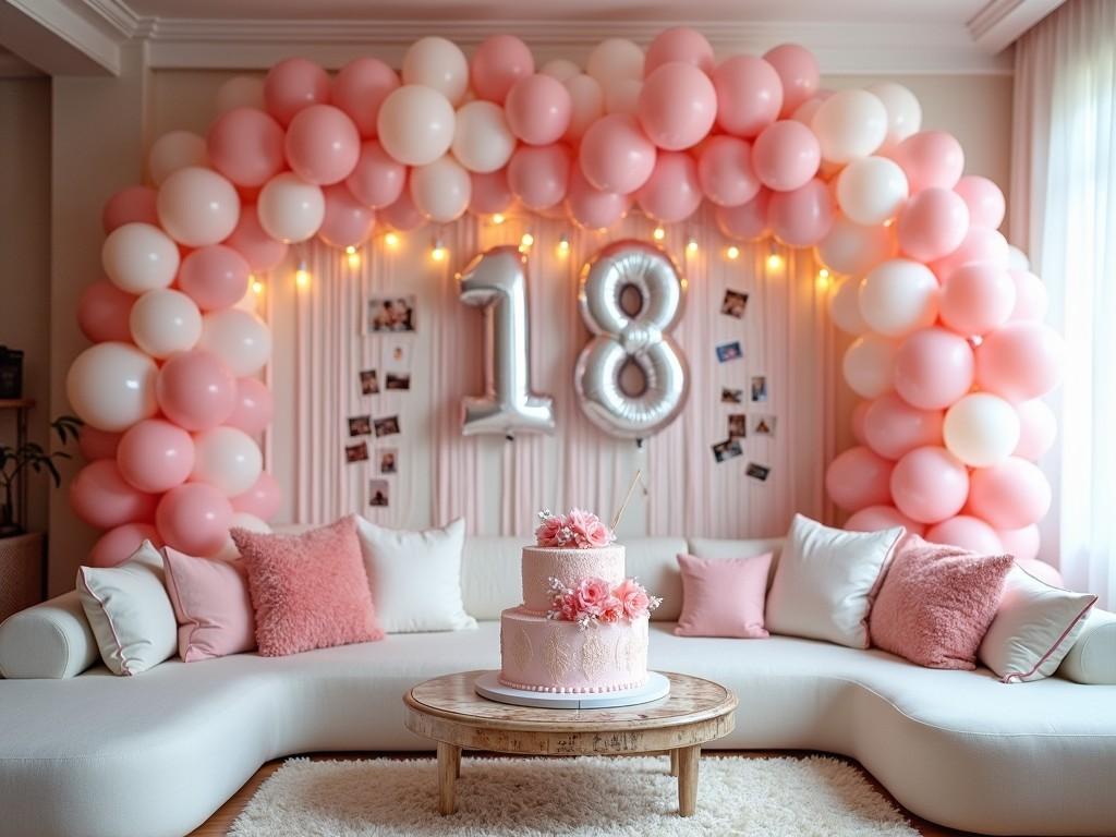 This image features a beautifully decorated room for an 18th birthday celebration. The backdrop consists of an arch made of pink and white balloons, creating a festive atmosphere. The number 18 is prominently displayed in silver balloons, symbolizing the milestone. In front of this decoration is a charming cake adorned with pink flowers. The seating area is cozy, with plush pillows and a soft rug, inviting guests to celebrate. Soft lighting adds warmth to the entire scene, making it perfect for a memorable occasion.