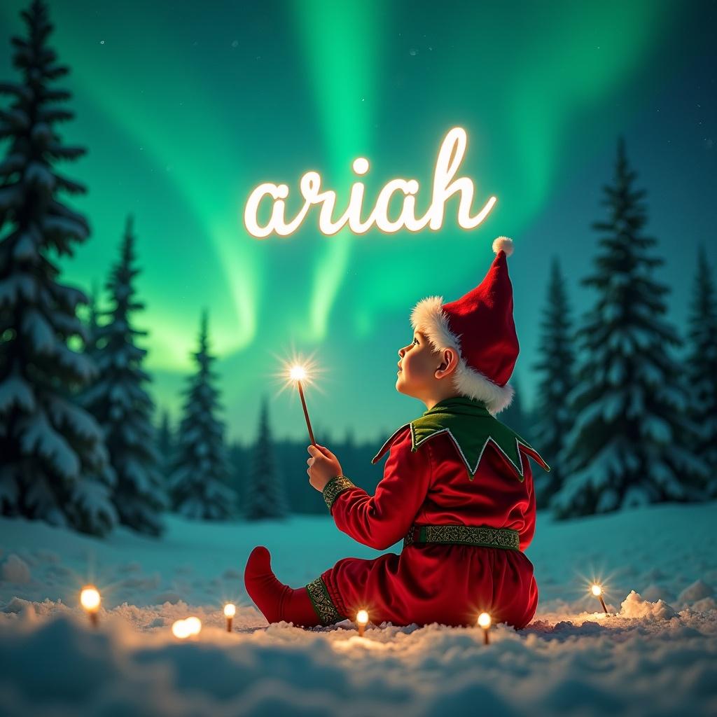 The scene portrays a young child dressed in a vibrant elf costume, sitting with their back turned to the viewer. With a wand in hand, the child gazes upward, conjuring the name 'ariah' in a whimsical, glowing script. Above them, the mesmerizing northern lights dance in brilliant shades of green, illuminating a peaceful winter landscape filled with snow-covered trees. Soft twinkling lights in the foreground enhance the cozy, festive feel of the moment. This enchanting atmosphere evokes the joy and magic of the holiday season.