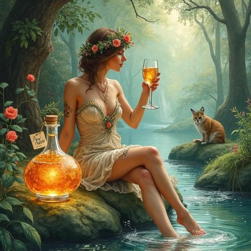 A woodland goddess adorned in a gown of woven leaves and flowers. She reclines in a hidden grotto. She raises a sparkling glass. Surrounding foliage and a clear stream. An apothecary bottle glows with elixir. The cork with a tag named 'ALFRUNO'. A cocktail glass beside it. Roses and rosemary accent the scene. A lynx watches from the side. Watercolor style reminiscent of Mucha and WLOP. Gentle greens, blues, and golds create tranquility and magic.