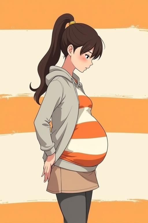 Anime-style illustration of a pregnant character inspired by Juno movie poster. Brunette with a ponytail wearing a gray hoodie. Orange and white striped t-shirt. Light brown mini-skirt and leggings. Hands on back. Orange and white striped background.