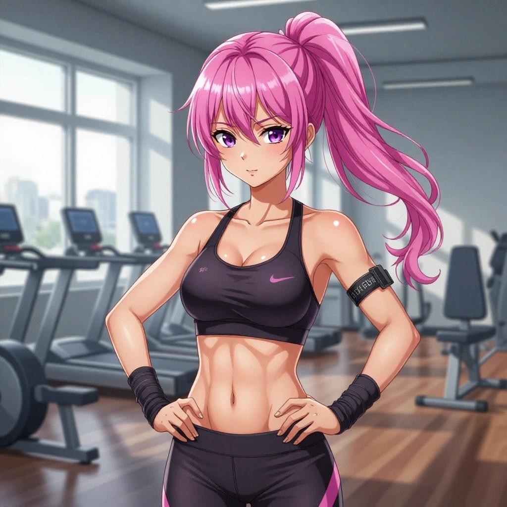 Anime female character in a gym performing a warm-up and sweating. She has pink hair and is wearing a black sports outfit. The background shows gym equipment.