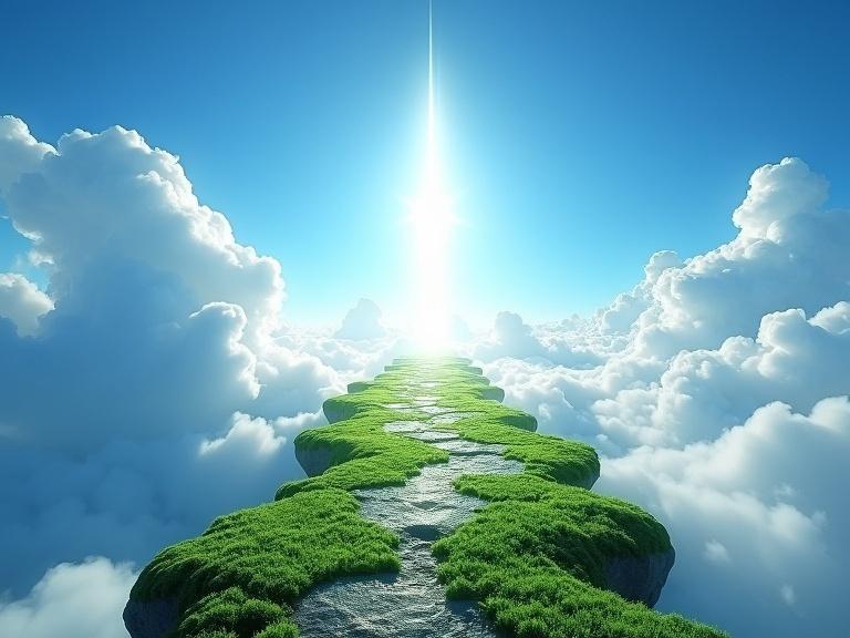 Floating pathway made from moss and crystal pavement rises to pure light in cloudless cobalt blue sky