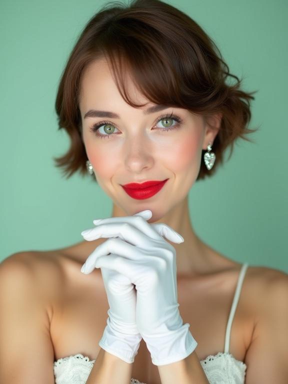 Photograph of a woman. Short brown hair styled in a side-swept fringe. Fair skin and green eyes. Bright red lipstick. Looking directly at the camera with a slight smile. Hands clasped in front of chin wearing white gloves. Heart-shaped diamond earrings. Light green background. Strapless white top with lace details. Even lighting with no shadows. Eye-level angle. Medium close-up composition. Focused on woman's face and upper chest. Blurred background. Shallow depth of field. High aesthetic quality. Balanced composition with pleasing colors. Likely captured with DSLR.