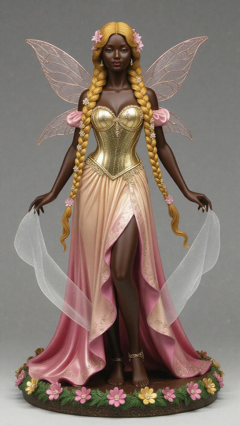 Resin statue inspired by Virgo. Dark-skinned woman with golden hair in a braid with flowers. Stands majestically with legs together. Wears flowing dress in pink and gold, metallic corset with floral details. Skirt has long train moved by wind. Delicate fairy wings. Expression shows peace and divine beauty. Base has sculpted flowers and magical mist around feet.