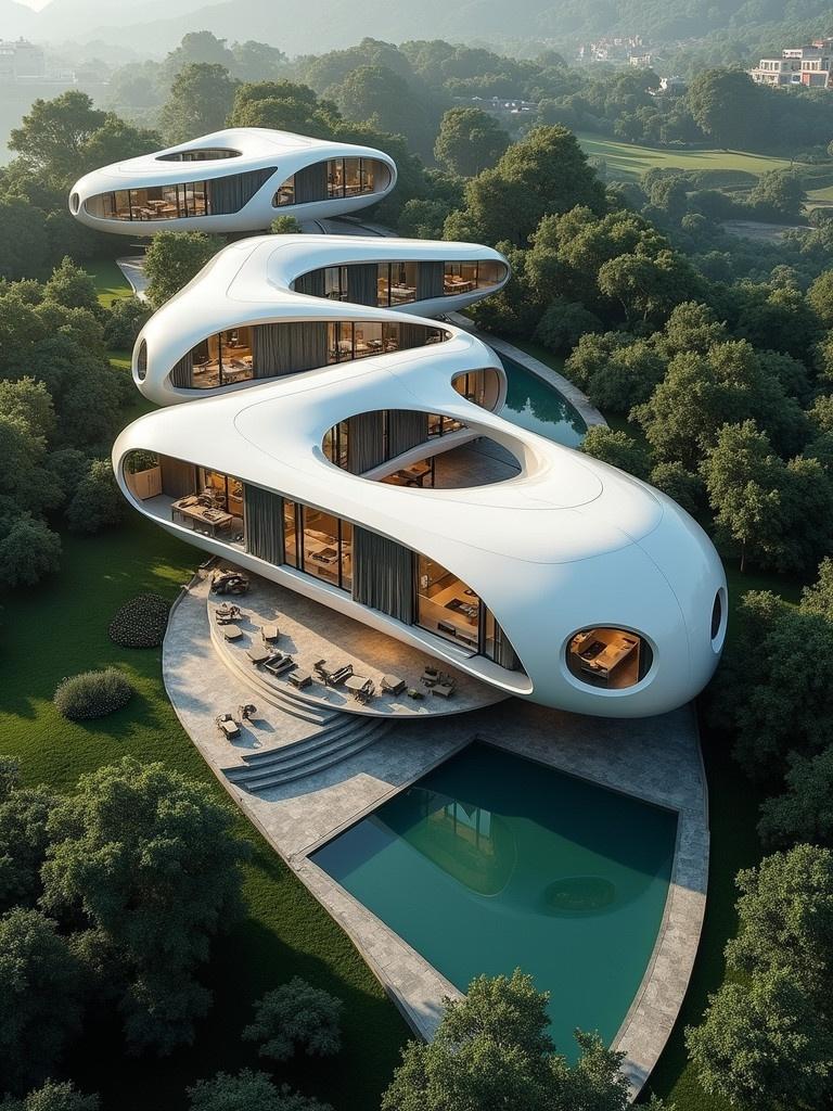 Bird-eye view of a modern villa designed by Zaha Hadid. The villa features an organic shape with white exterior. Lush green trees surround the villa. There is a pool in front of the villa and a large patio.