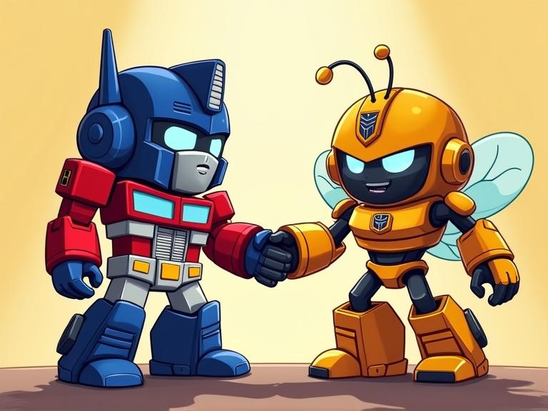 Optimus Prime and Bumblebee shaking hands in a friendly manner. Illustrated in bright colors, cartoonish style. Characters designed for children's entertainment.