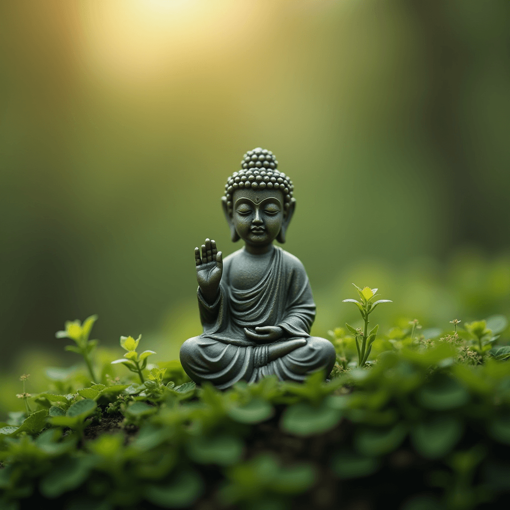 A small Buddha statue sits surrounded by green leaves and soft sunlight.