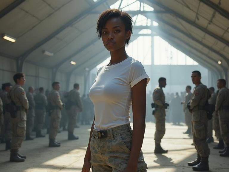 Photo of female soldier with short dark hair wearing white t-shirt and light grey army pants in spacious mess hall tent. Background features soldiers in grey military uniforms. Daytime with natural light and dramatic shadows.