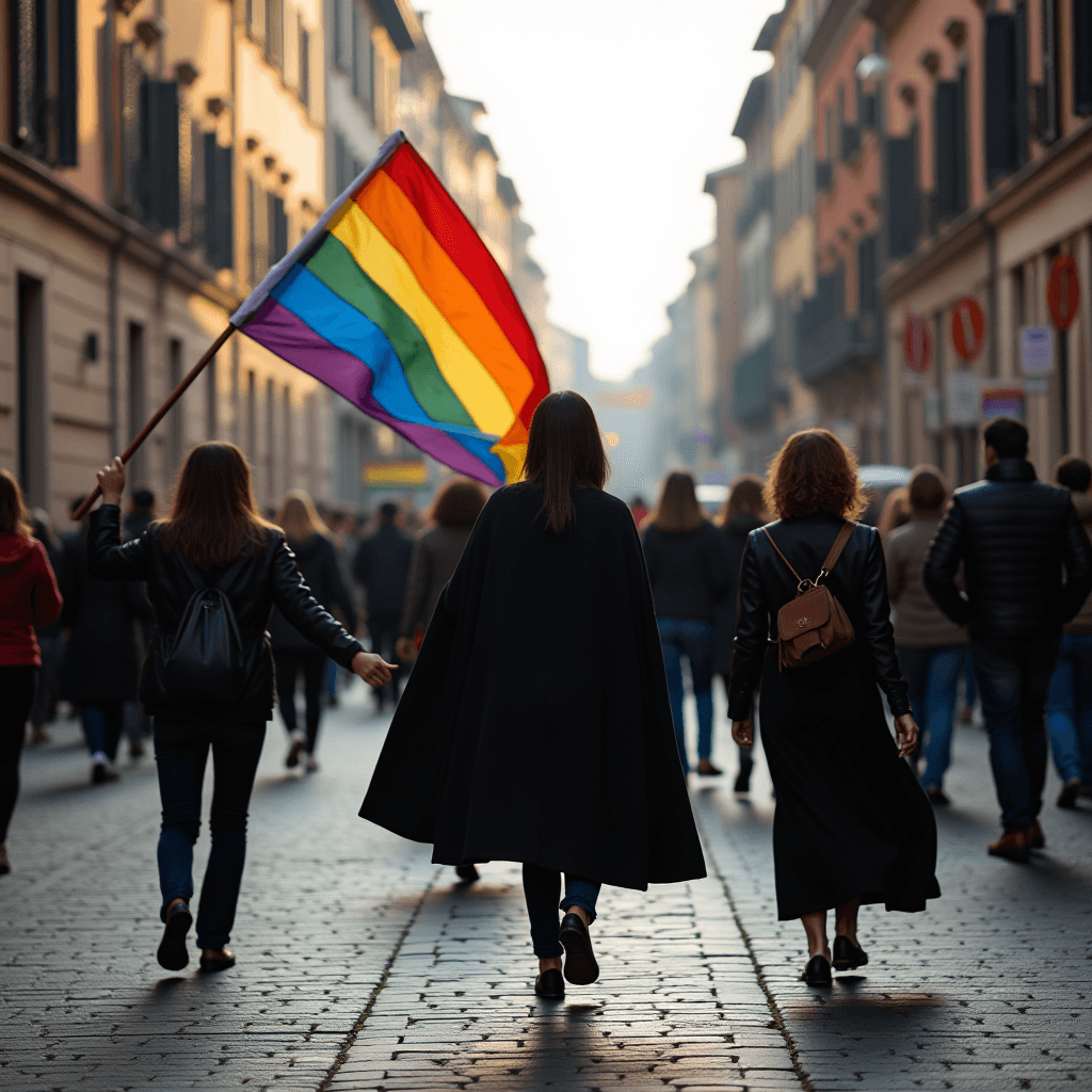 Three people walk down a city street, one holding a rainbow flag.