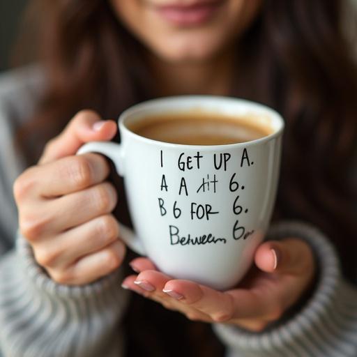 Create a lifelike image of a coffee cup held by a woman. The cup has text on it. The text reads: I GET UP A. AT 6. B. FOR 6. C. Between 6 and 9.
