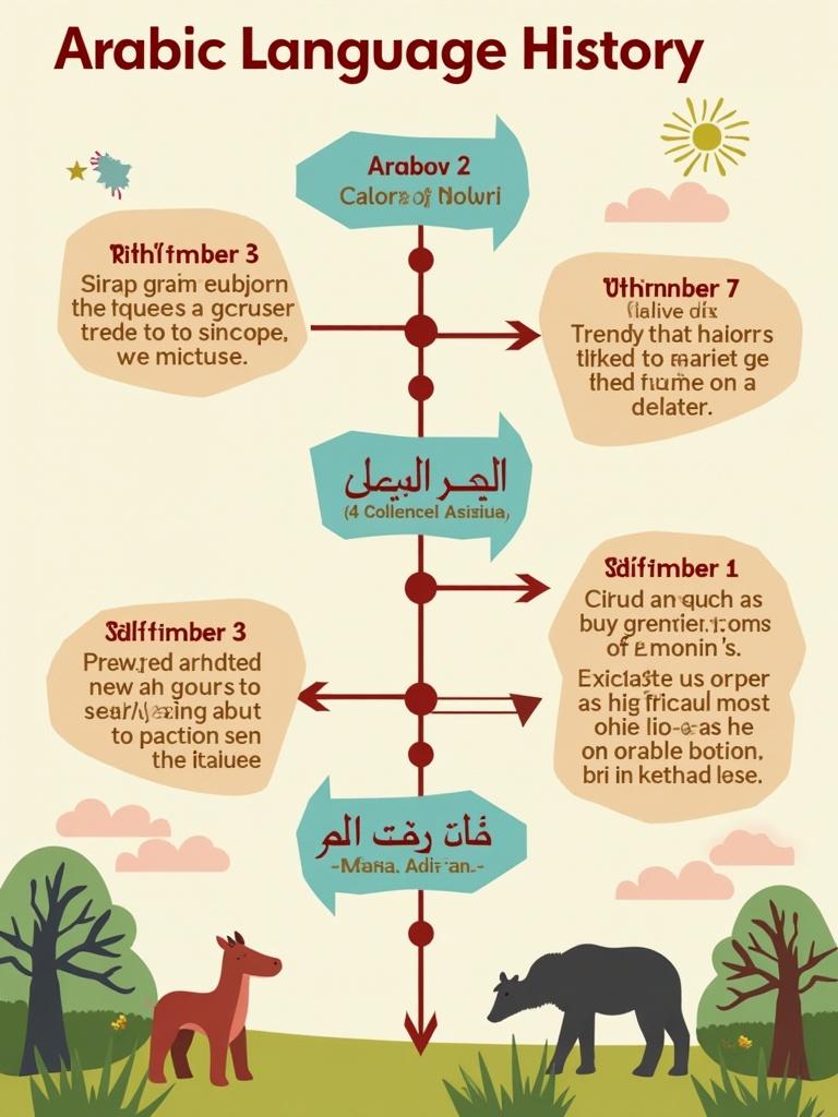 Infographic detailing the history of the Arabic language presented in a child-friendly theme. Use bright colors and engaging illustrations throughout the timeline.