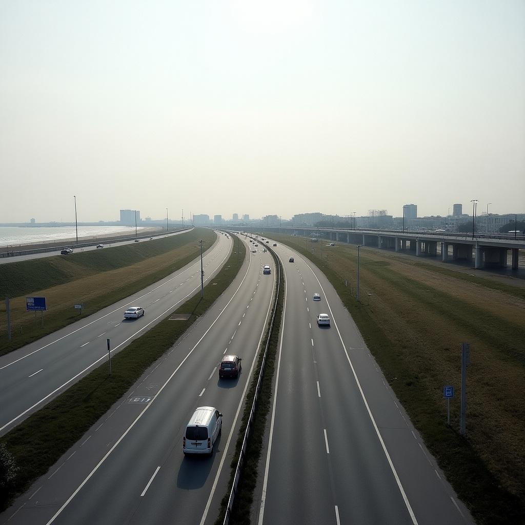 View of Knooppunt Scheveningen from direction of Den Haag Centrum. Beginning of weaving lanes towards Scheveningen Haven and Westland. Background includes flyover and beach.