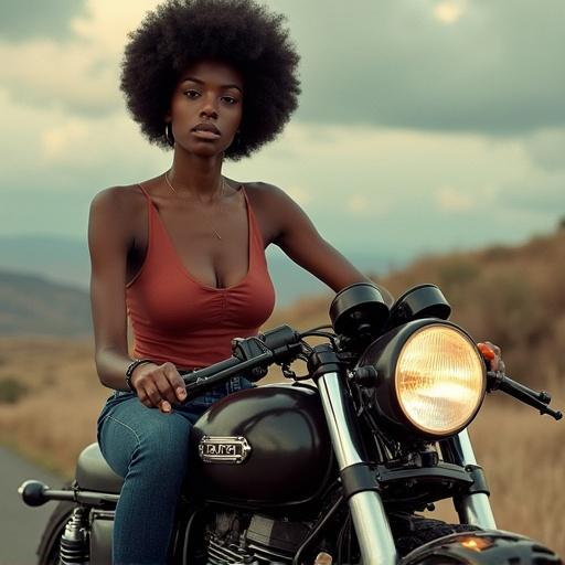 Woman on motorcycle. Stylish outfit. Afro hairstyle. Cafe racer design. Natural setting. Confident pose.