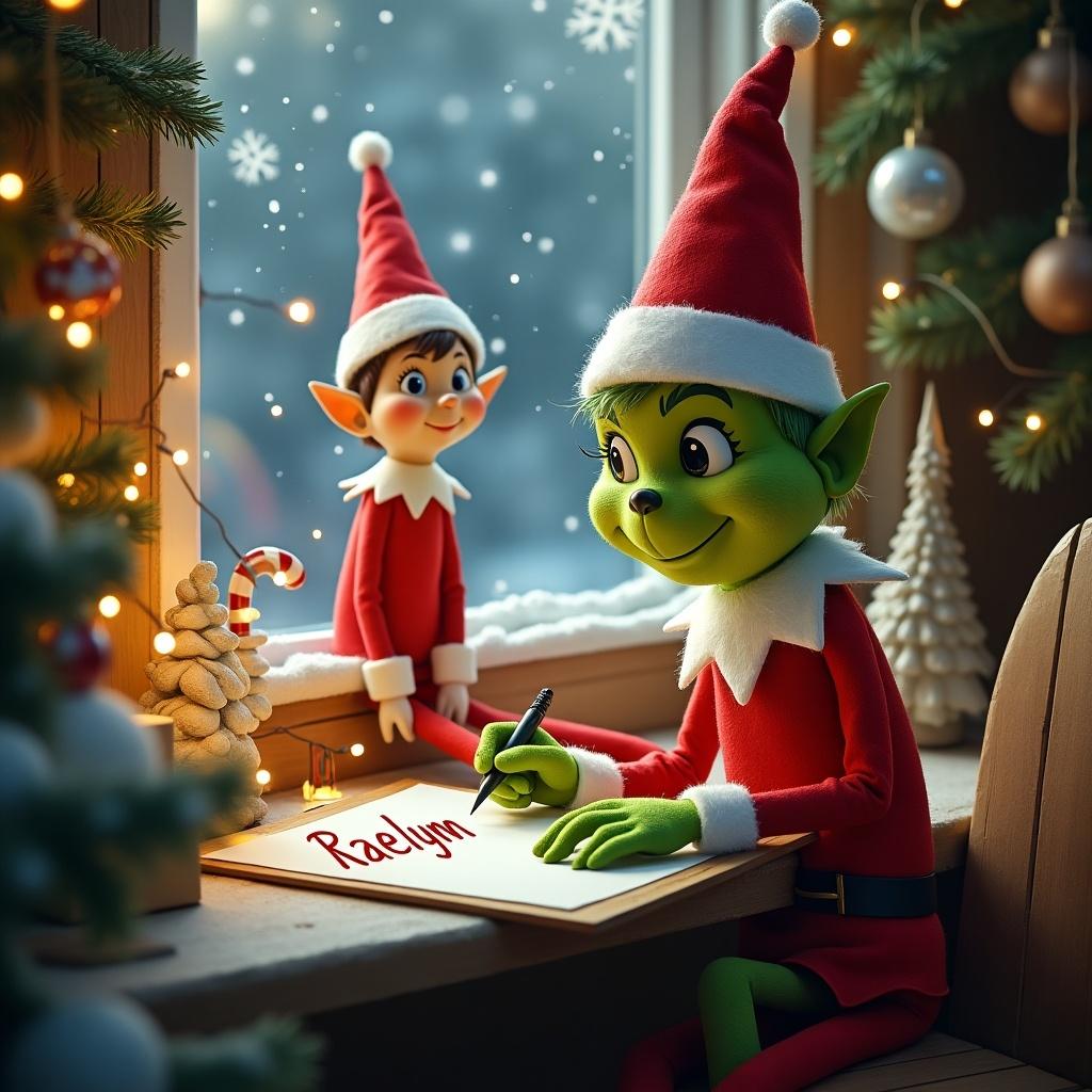 Grinch character drawing the name Raelynn with an elf on the shelf in a winter setting with decorations