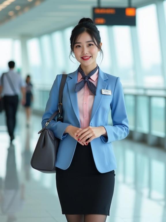 Full body shot of an East Asian female airport ground staff. She wears blush-pink long-sleeve blouse and azure-blue blazer with a black pencil skirt. Black pantyhose and closed-toe pumps seen. Hair styled in a bun. Light makeup enhances friendly smile. Silver name tag on blazer. Lanyard with ID badge around neck. Dark-blue-gingham scarf tied at collar. Standing in airport terminal with hands clasped.