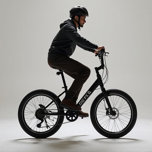 Cyclist riding a black bicycle in a studio setting. Person wearing a helmet and casual clothing. Focus on side profile. Clean background with even lighting.