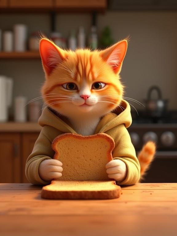 3D orange tabby cat character dressed in a hoodie. Sitting at a wooden kitchen table. Holding a slice of plain toast. Deadpan expression. Warm ambient kitchen lighting. Soft focus background with realistic textures. Slightly cluttered table. Centered subject.