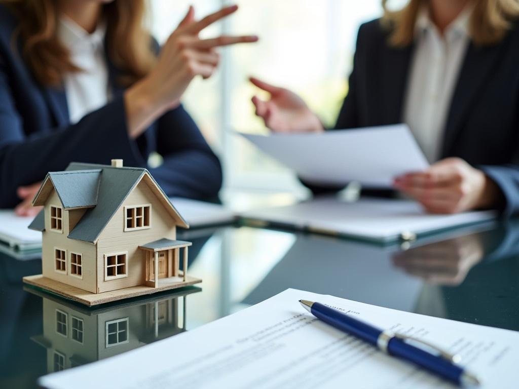 The image shows a business meeting focused on real estate. A model house is placed on a glass table, symbolizing a property discussion. Two people are engaged in conversation, with one person raising a hand, possibly emphasizing a point. The second person holds a piece of paper, likely containing important information or documents related to the meeting. In front of them, there is a sheet of paper and a pen, indicating that they are likely discussing a contract or agreement. The setting appears professional, with business attire and a contemporary work environment.