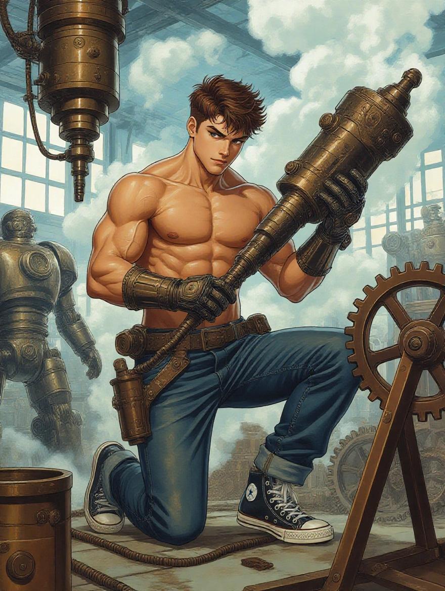 Hyperrealistic manga art shows a young muscular steampunk man shirtless. He kneels while holding a giant mechanical tool. He wears Converse shoes. The background features a gear factory filled with steam and smoke. Robots are visible in the background.