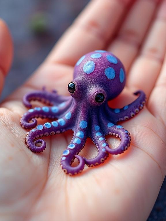 A tiny deep purple octopus with striking blue circles rests in the palm of a human hand. The octopus is the main subject and sharply focused. The background is softly blurred to highlight the octopus's miniature size. Warm hues and delicate brushstrokes create an inviting scene suitable for an 8K wallpaper.