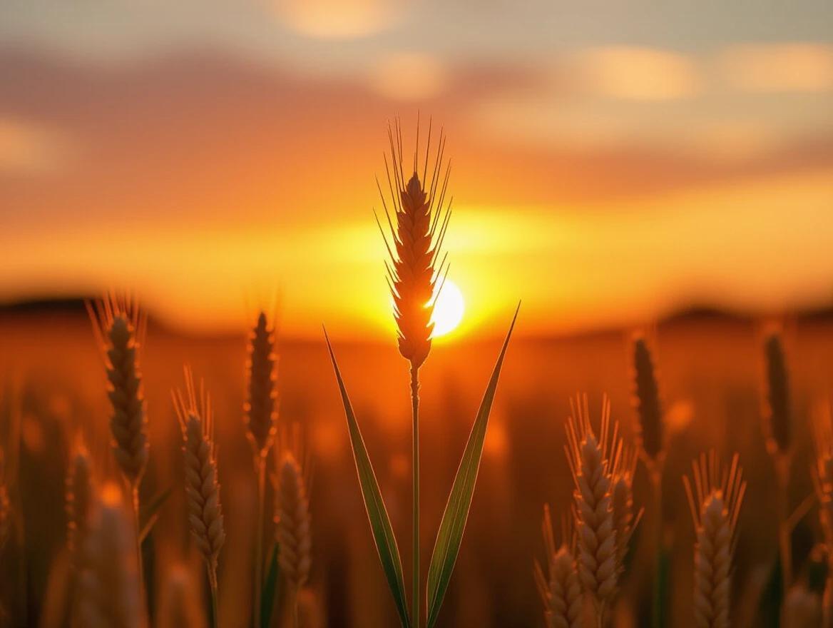 High-definition photograph showing the sunset in a field. Vibrant orange sky with a single wheat plant in focus. Sun setting behind the wheat plant creating a glowing halo effect. Background softly focused with warm tones of orange red and brown. Evokes a tranquil rustic atmosphere. Realistic texture with natural lighting.