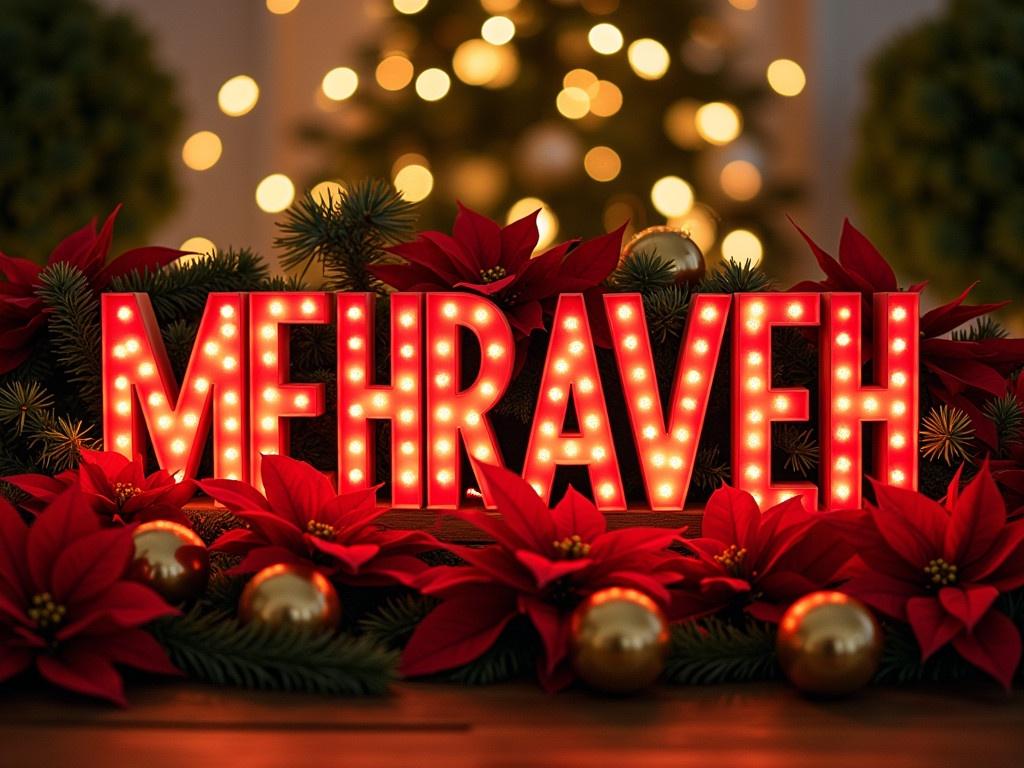 Illuminated word MEHRAVEH in bold red letters. Adorned with vibrant poinsettias and gold ornaments. Background of twinkling Christmas lights. Soft lighting creates a warm holiday vibe. The arrangement exudes festive cheer.