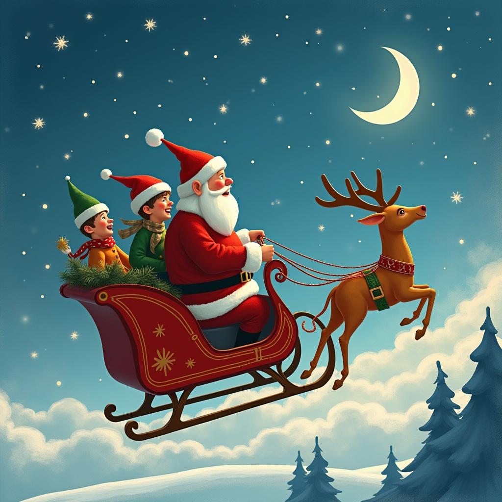 Sleigh ride with Santa Claus on Christmas Eve. Boy and girl elves in festive outfits. Names Jonah Grey Lennon shown in the night sky. Snowy landscape with evergreen trees. Moon in the background.