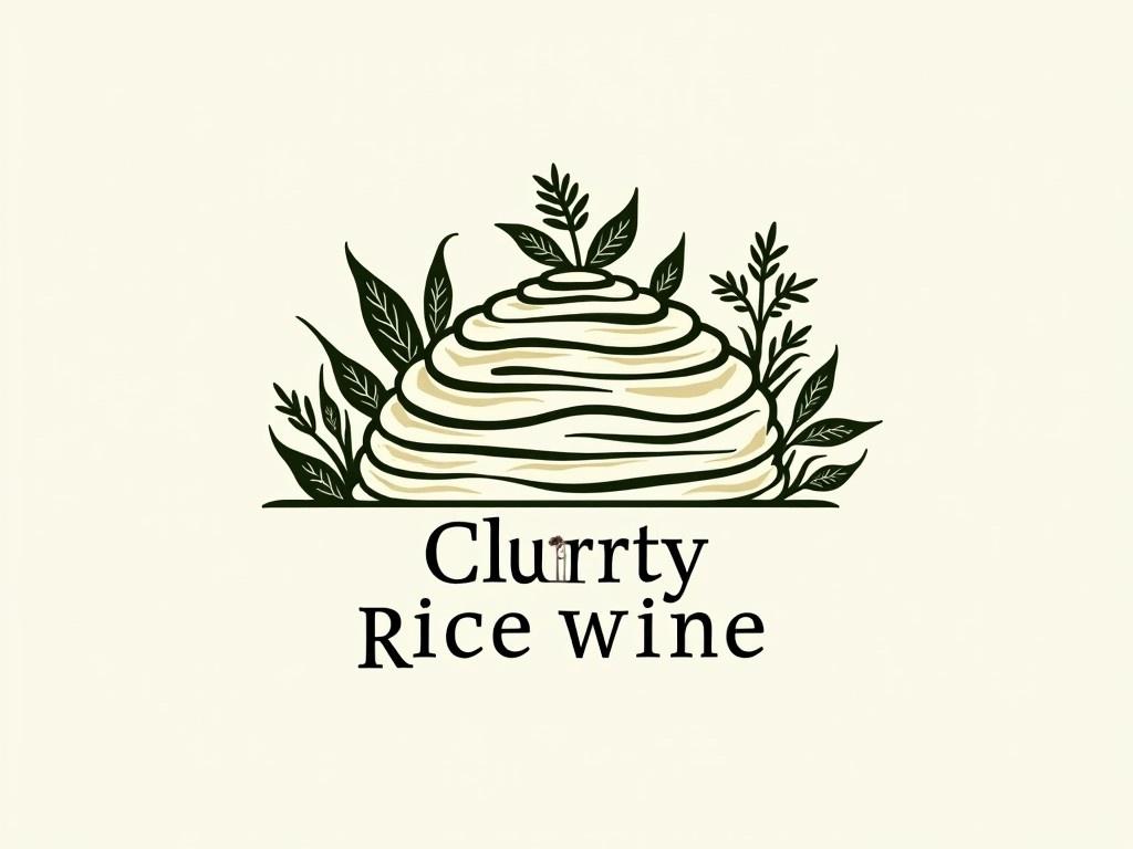 This logo represents a rice wine product called 'Clurrry.' It features a prominent illustration of rice terraces, symbolizing the source of the rice used in brewing. The design incorporates lush green leaves, reflecting the natural ingredients and traditional methods. The color palette is soothing, combining cream with dark and light greens, making it visually appealing. The text is styled elegantly to enhance the artisanal feel of the product, suitable for organic and craft beverage markets.