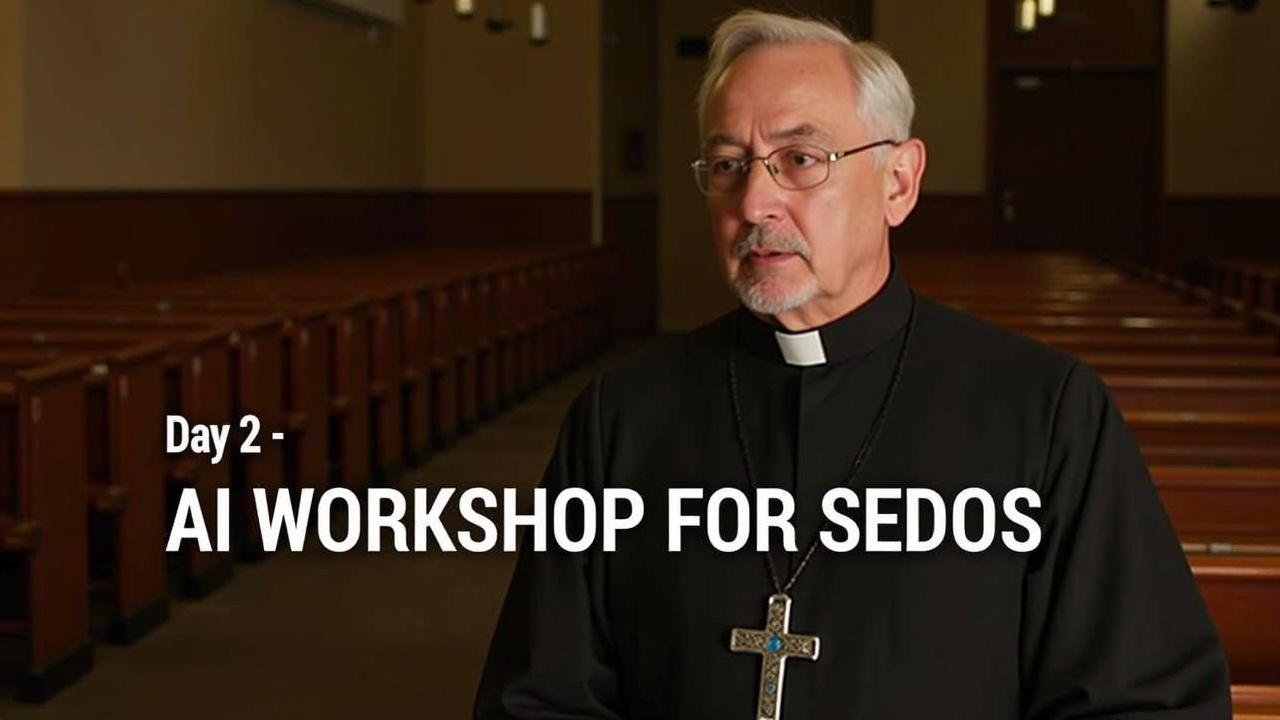 A clergy member speaking at an AI workshop, wearing traditional clerical clothing in a church setting.