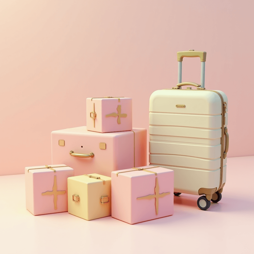 A collection of pastel pink and beige luggage and gift boxes with gold accents, set against a soft pink background.