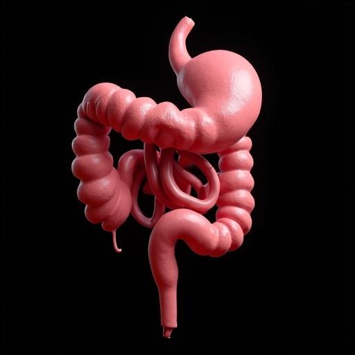 Intestine depicted in a 3D style on a black background. Inspired by Pixar animation.