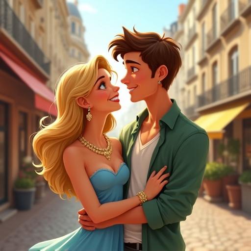 A joyful couple embraces in a romantic Parisian street surrounded by charming cobblestone paths and quaint cafes. The girl in a flowing blue dress wears a dazzling gold necklace, matching bracelet, and elegant gold earrings. A bright smile and flowing blonde hair. The boy in a green shirt and black jeans holds her close. Their intimate moment against iconic architecture.