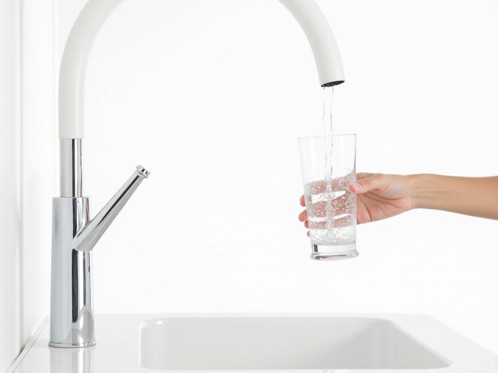 The image features a shiny chrome kitchen faucet positioned at an angle. Water is flowing from the faucet's spout into a clear glass, creating a bubbling effect as it fills. A human hand is grasping the glass, showcasing the refreshing beverage being poured. The background is bright and white, enhancing the clean and modern feel of the scene. The faucet and glass reflect light, adding a touch of elegance to the image. This setup conveys a sense of hydration and refreshment, perfect for illustrating kitchen or beverage themes.