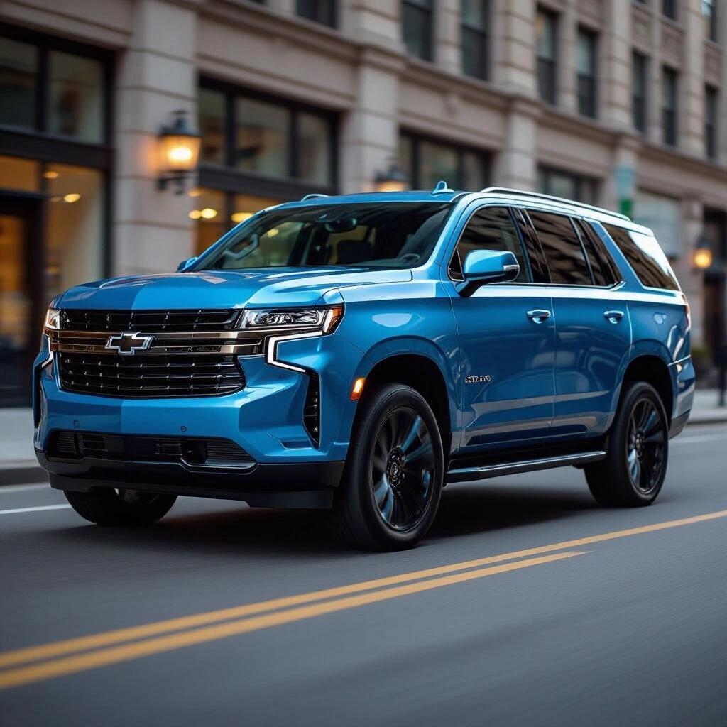 Blue Chevrolet Tahoe driving on a city street. Modern design elements visible on the vehicle. Urban setting with a blurred city background.