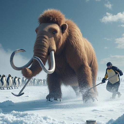 Wooly mammoth plays hockey against penguins on ice. Dynamic action scene in snowy landscape. Mammoth holds hockey stick. Penguins in background watching. Brightly lit snowy field.