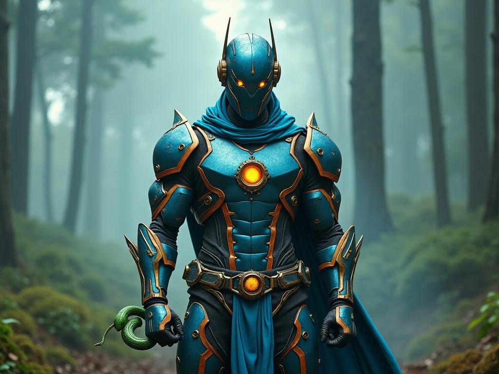 An armored figure stands majestically in a mystical forest. He wears a teal and gold suit, with glowing orbs and spikes that enhance his powerful look. A cape drapes behind him, suggesting movement and heroism. In one hand, he holds a green snake, adding a unique twist to his character. The environment is shrouded in mist, creating an otherworldly atmosphere, with tall trees surrounding him. This character embodies strength and intrigue, suitable for a fantasy narrative.