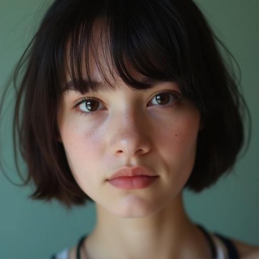 Closeup portrait of a teenage girl with short bob hairstyle. The girl has a delicate expression and natural skin tones against a pale green background.