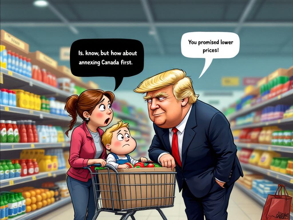 A humorous cartoon illustration in a supermarket aisle. A young child sits in a shopping cart with groceries. A mother looks unimpressed. Trump leans in with a grin. The mother says, You promised lower prices! Trump replies, I know, but how about annexing Canada first? The background has shelves full of groceries.