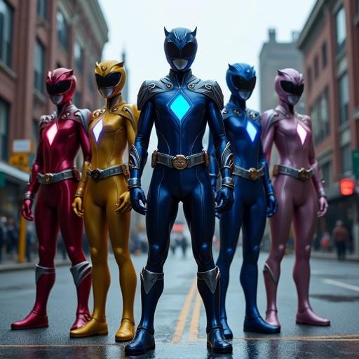 A group of five Power Rangers in an American town. They wear sleek, iridescent suits. The scene shows a cloudy street with cars and people. The Rangers are posed with confidence. The costumes have glowing details. The street is lined with stores and street lights. Shadows are present, creating depth. The image has a cinematic buff style.