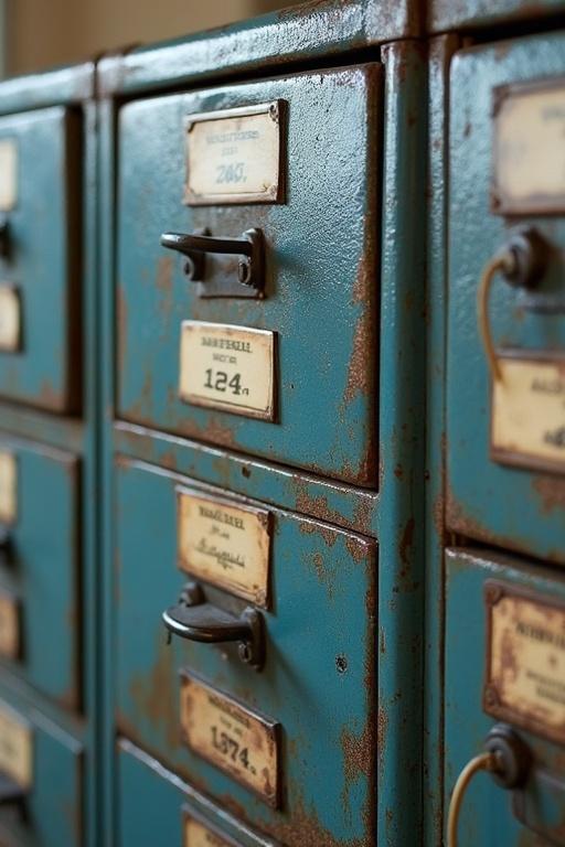 A row of aged drawers with vintage labels. Drawers have a worn industrial appearance. Drawers are painted blue and show signs of wear and rust.