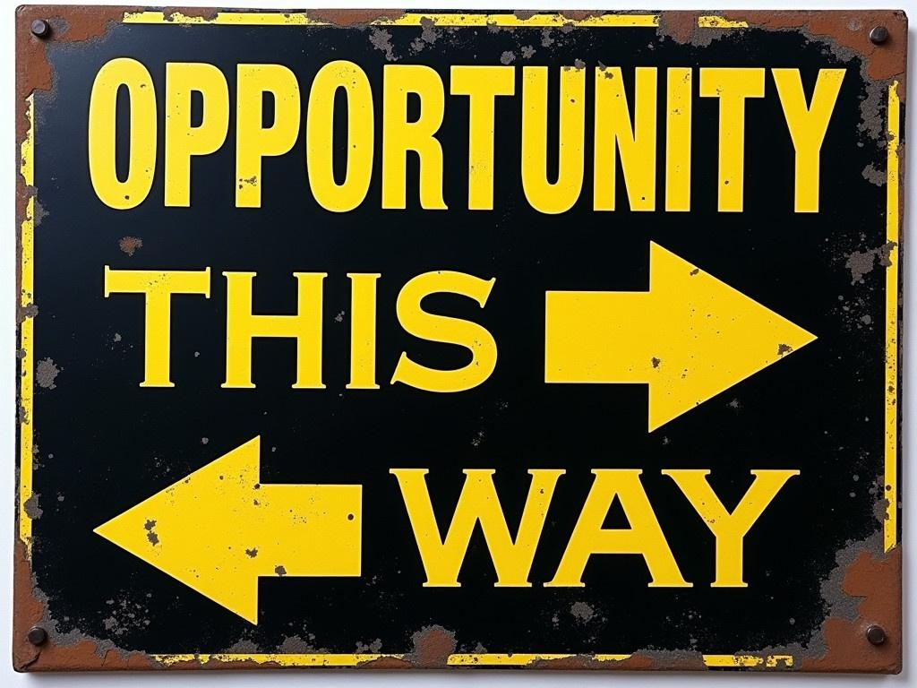 Black rectangular sign with bold yellow letters. Large word OPPORTUNITY at the top. Below OPPORTUNITY, yellow arrows point left and right. Words THIS WAY in smaller yellow letters between arrows. Distressed vintage look with spots and marks. Sign conveys motivational message.