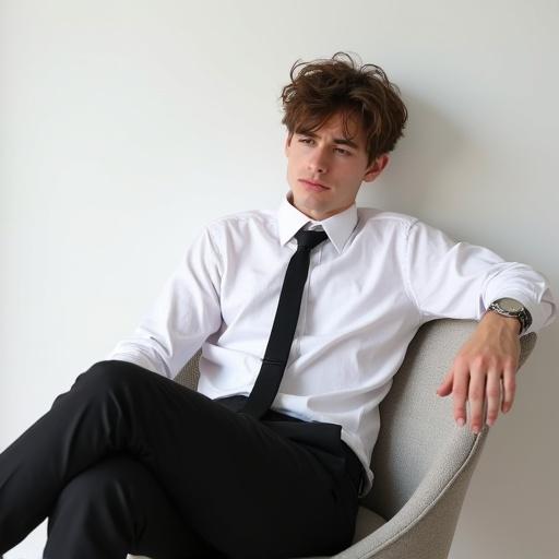 Young man sits in a white room. He is 19 years old. He has messy brown hair. His brown eyes convey tiredness. He slouches in a chair. One arm rests on the hand rest. The other hand is at his side. He wears an untucked white business shirt. Black trousers are partially unzipped. A black tie hangs loosely to his right side. The overall appearance feels unkempt.