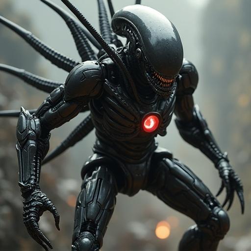 Robot depicted in an action pose with elements inspired by H.R. Giger. Low angle captures the strength and design of the character.