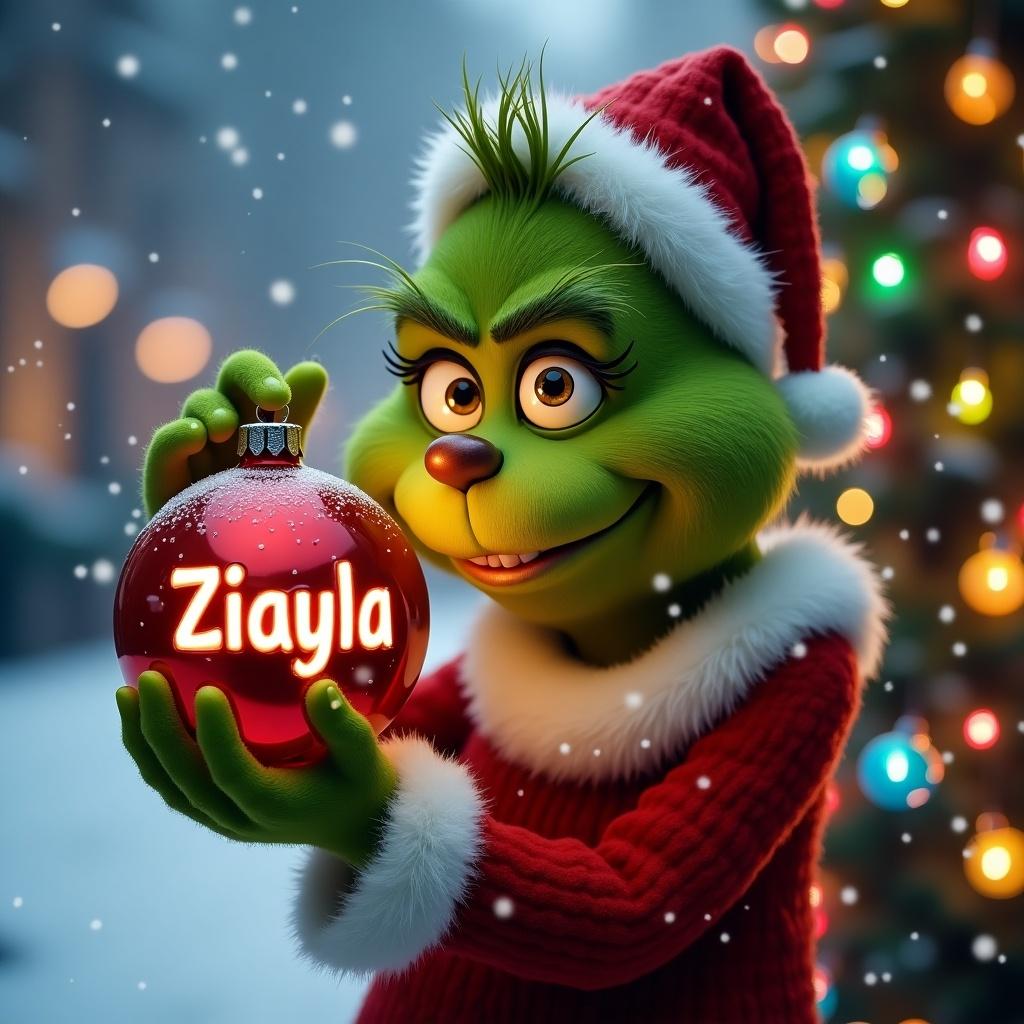 Grinch character portrayed in a snowy environment. Grinch holding a Christmas bauble with name Ziayla. Background features colorful Christmas lights.