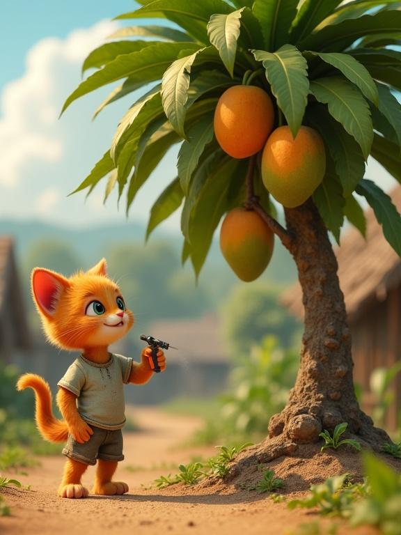 Pixar-inspired 3D animation of a cute ginger kitten. Kitten wears a torn t-shirt and shorts. Kitten stands on a small dirt mound. Kitten sprays a mango tree filled with green and orange mangoes. Background shows village huts. Scene is bright and cheerful during the day. The format is vertical, aspect ratio is 9:16.