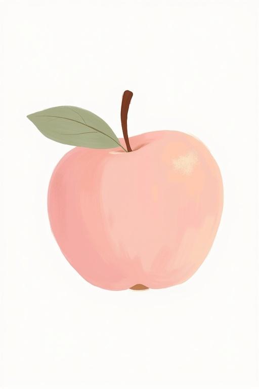 Pastel illustration of an apple. Gentle muted colors are used. Apple shown with a leaf and stem. Background is plain white. Composition is harmonious with soft edges. Style is minimalist and child-friendly.